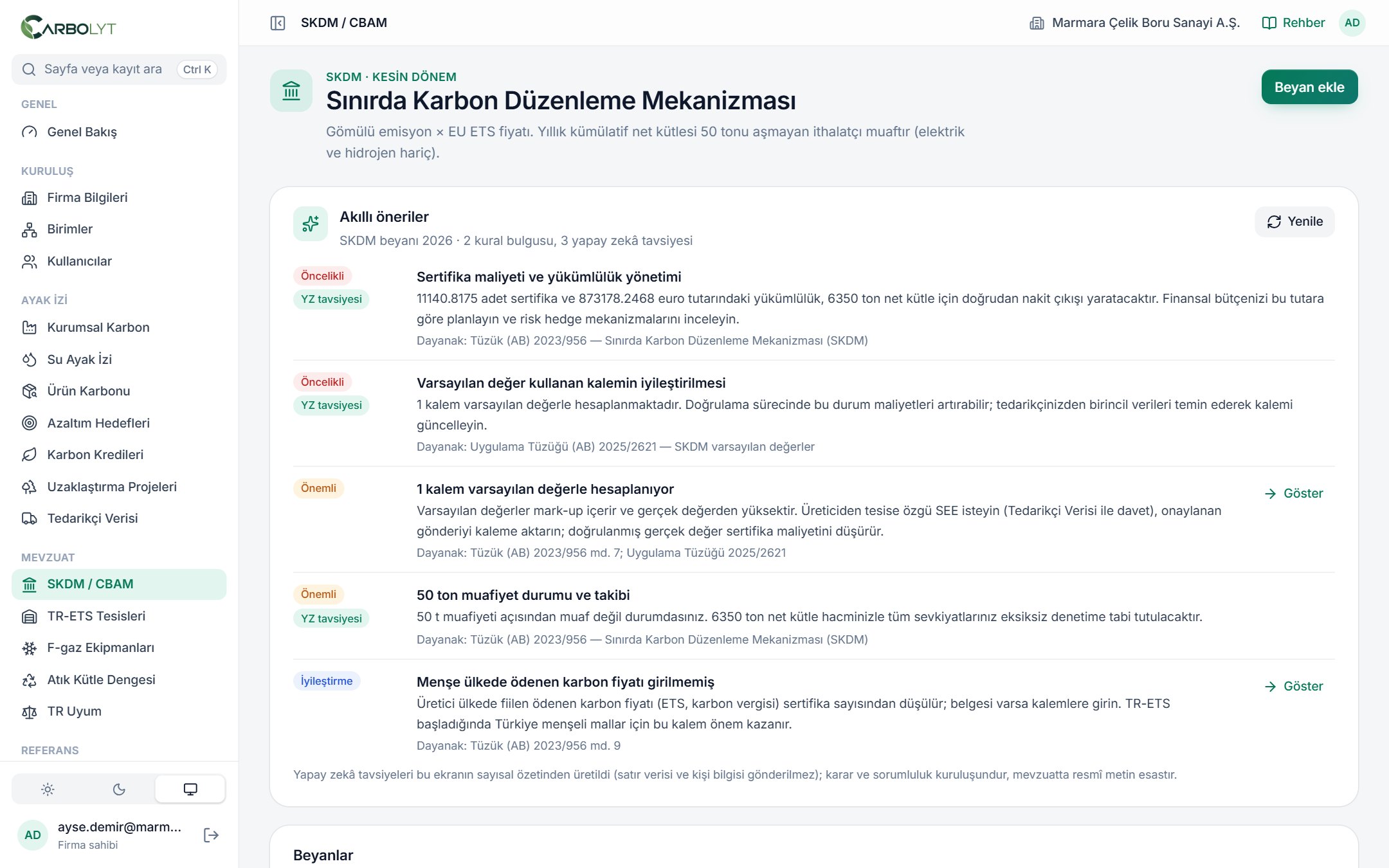 SKDM beyanı: kalem kalem gömülü emisyon, sertifika ve projeksiyon
